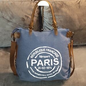 REPUBLIC OF FRANCE PARIS AÈROPORT TOTE SHOULDER BAG BLUE CANVAS WITH BROWN TRIM